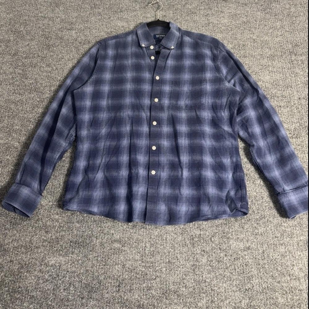 TM Lewin Button Down Shirt Mens M Blue Plaid Brushed Cotton Flannel